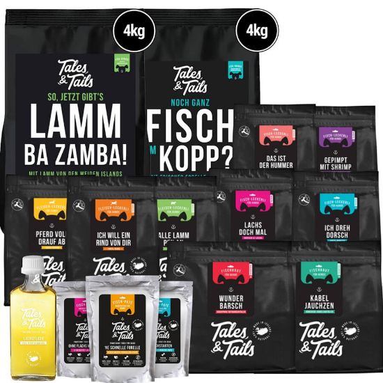 Das große Futterpaket - Probierpaket Hundefutter, Leckerli, Lachsöl, Nassfutter für Hunde (Tales&Tails)